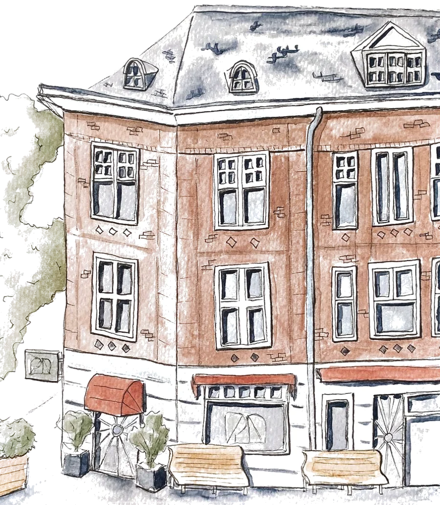Aquarel van het hoekpand van Café-Restaurant Pan